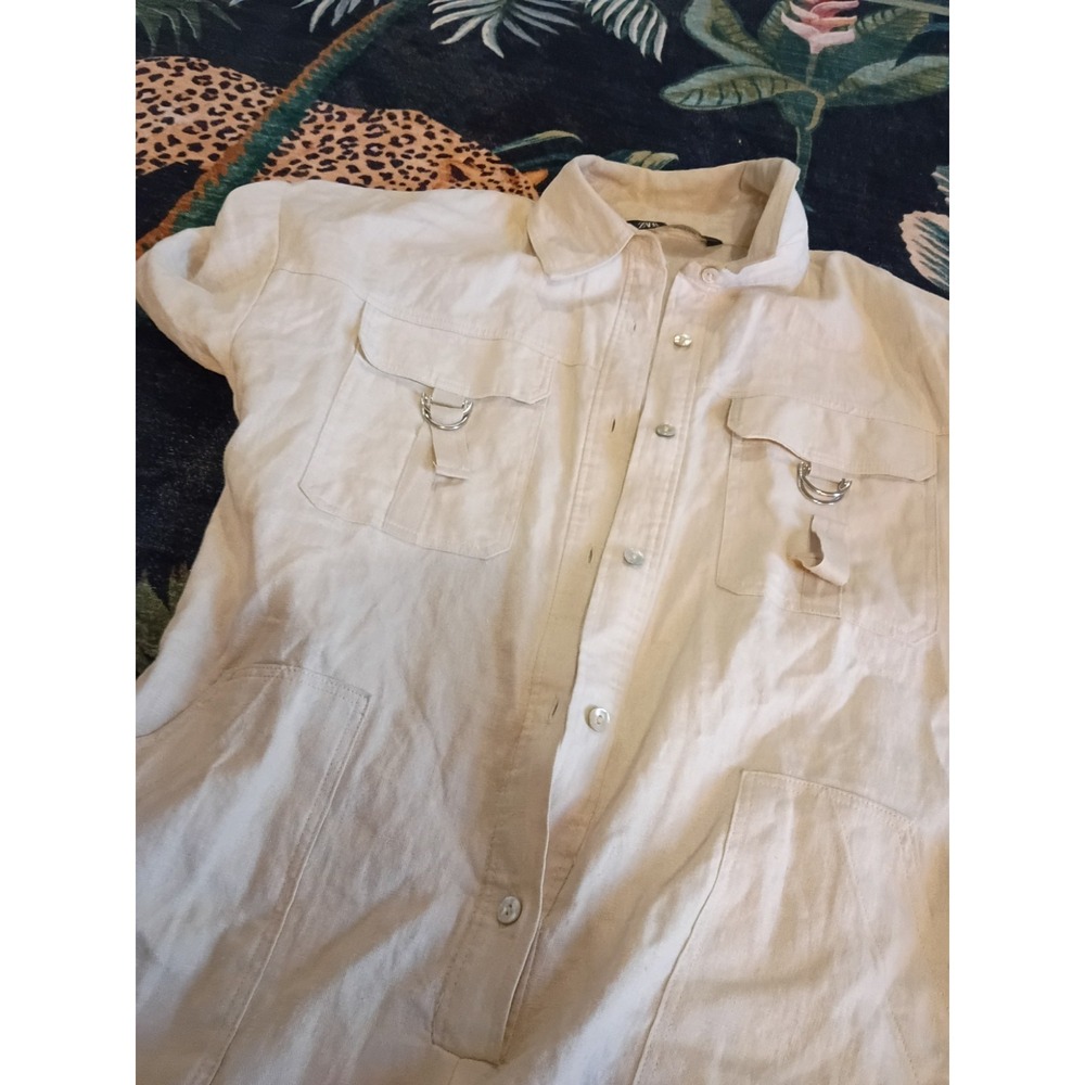 ZARA Women's Beige Linen Safari Utility Romper Playsuit Size S Missing Belt - Picture 4 of 7